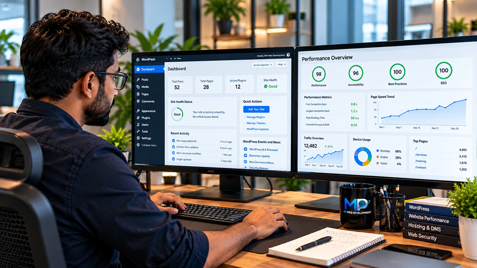 Developer reviewing a WordPress dashboard and website performance report