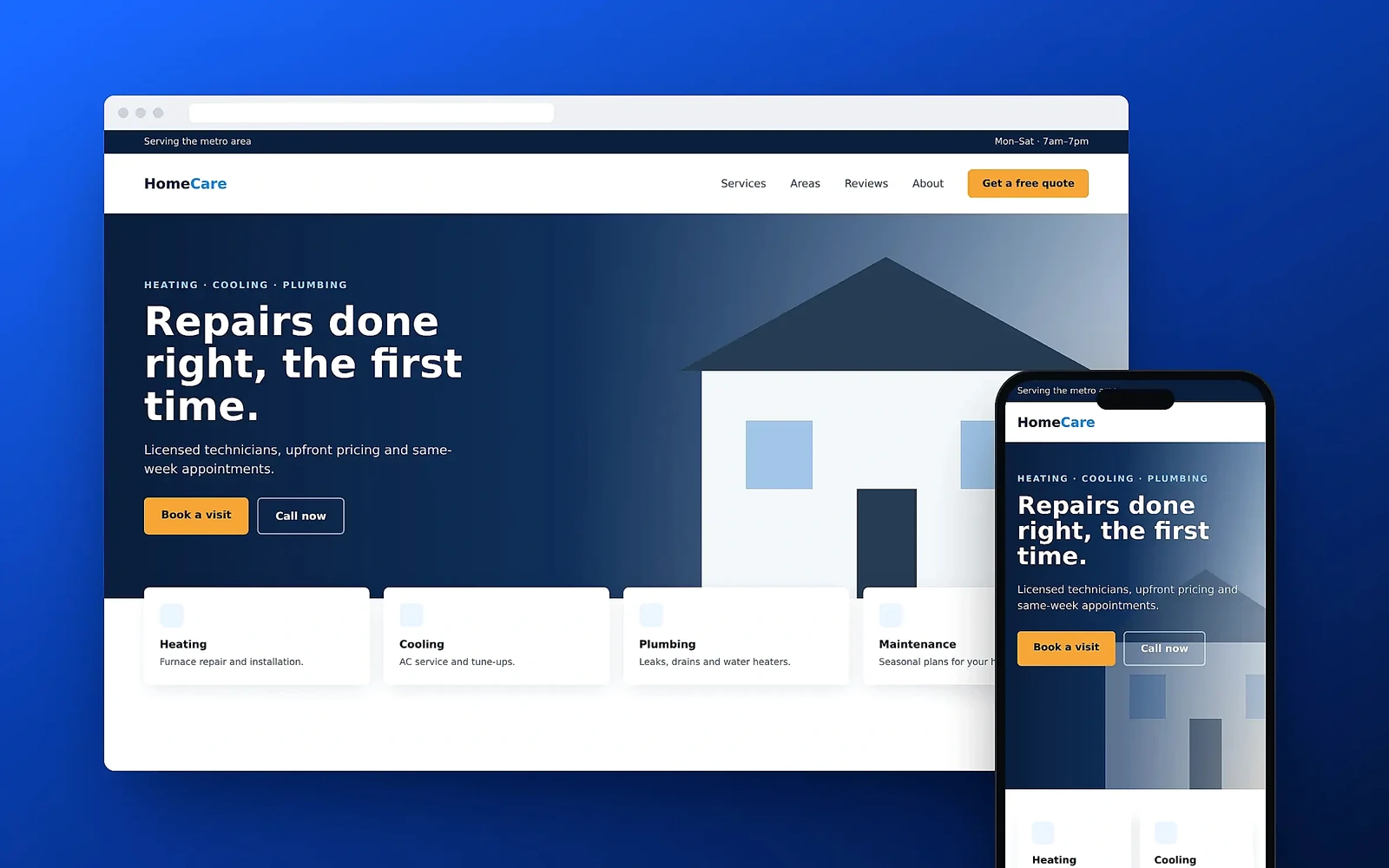 Temporary website mockup for a home services business on desktop and mobile