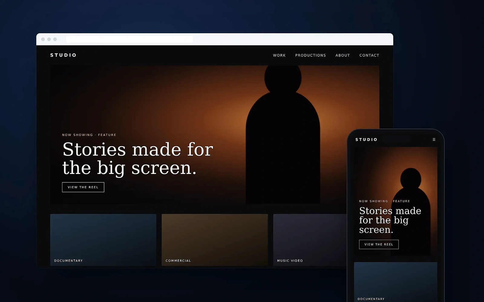 Temporary website mockup for a production and media company on desktop and mobile